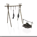 Modern Outdoor Setup With Bamboo Clothes Drying Rack Hanging Items And Stone Fire Pit 3d model