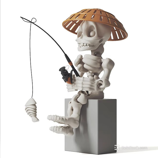 Skeleton Decorative Ornament Set With Straw Hat Fishing Rod And Cube Base 3d model 