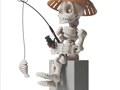 Skeleton Decorative Ornament Set With Straw Hat Fishing Rod And Cube Base 3d model