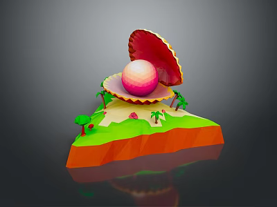 Vibrant Natural Island Scene With Open Shell Pink Sphere And Palm Trees 3d model