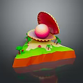 Vibrant Natural Island Scene With Open Shell Pink Sphere And Palm Trees