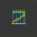 Industrial Steel Structure Stairs With Yellow Green Railings And Blue Support Platform
