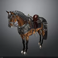 Brown Horse With Silver Decorative Armor And Red Saddle Design