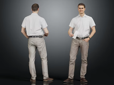Man In White Shirt Khaki Pants With Brown Shoes Front Back View Holding Paper 3d model