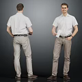 Man In White Shirt Khaki Pants With Brown Shoes Front Back View Holding Paper