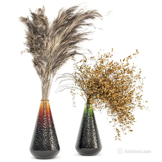 Textured Gradient Vases With Pampas Grass And Golden Dried Leaves 3d model 