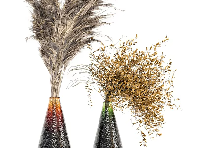 Textured Gradient Vases With Pampas Grass And Golden Dried Leaves 3d model