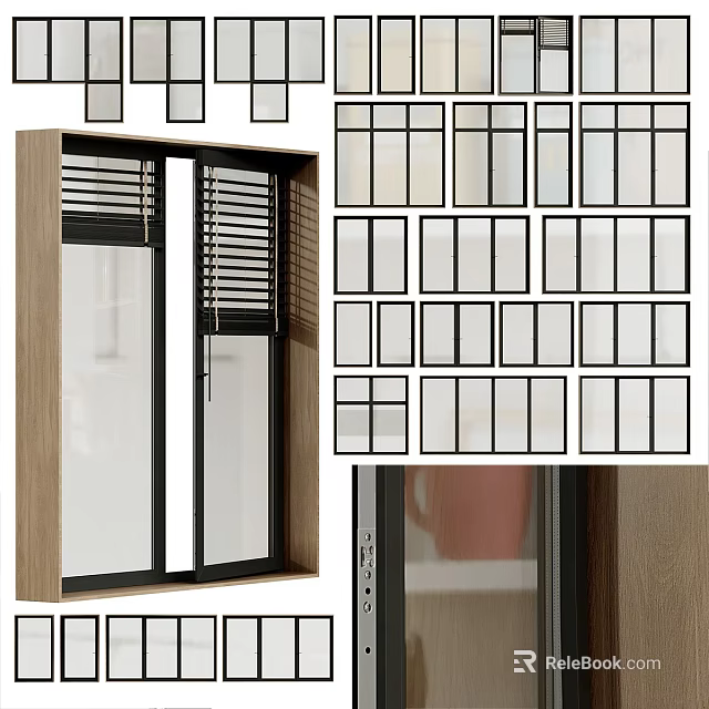 Casement Windows With Various Designs Wooden Frames And Black Metal Glass Panels 3d model 