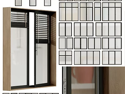 Casement Windows With Various Designs Wooden Frames And Black Metal Glass Panels 3d model