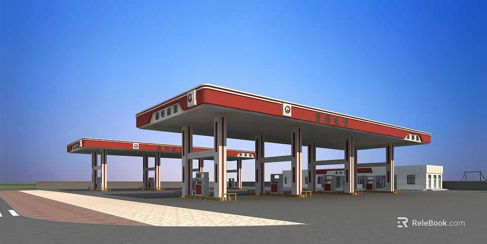 Modern Gas Station Exterior With Red Roof White Pillars And Fuel Pumps 3d model 