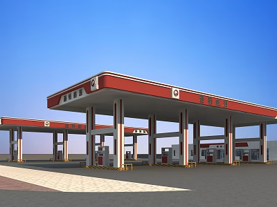 Modern Gas Station Exterior With Red Roof White Pillars And Fuel Pumps 3d model