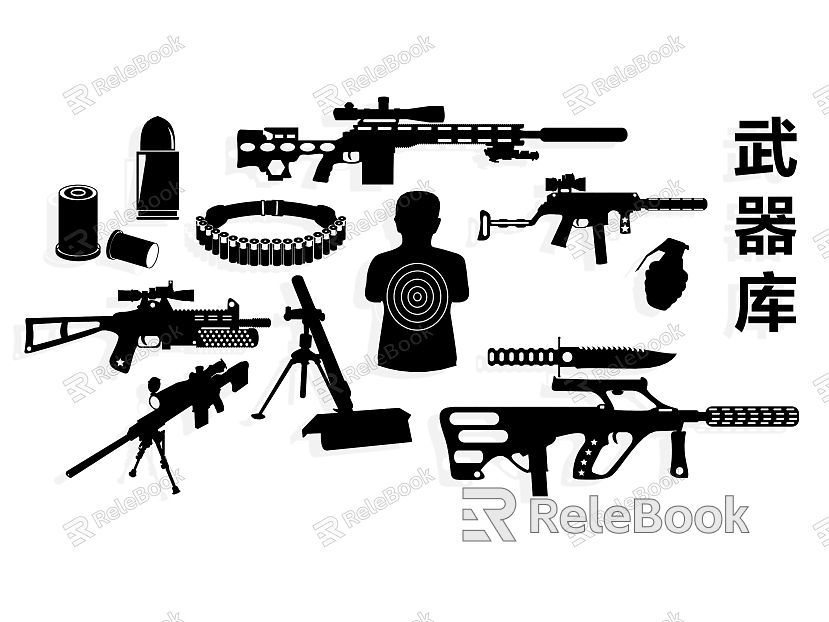 Weapons and weapons Pistol Submachine rifle Ammunition Equipment Sniper Rifle Dagger Target Soldier Grenade Silhouette Wall Decoration Icon Element model