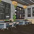 Café Interior With Blackboard Drinks Menus Green Plants Wooden Tables And Chairs