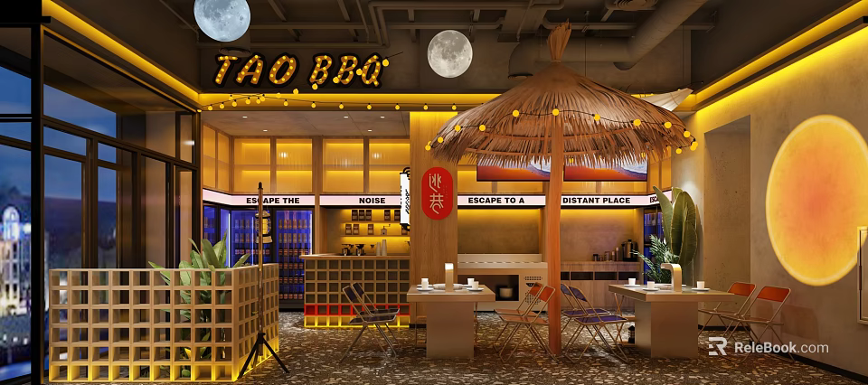 TAO BBQ Restaurant With Moon Decor Straw Umbrella Distant Vibe Tables Chairs And Plants 3d model 