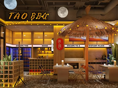 TAO BBQ Restaurant With Moon Decor Straw Umbrella Distant Vibe Tables Chairs And Plants 3d model