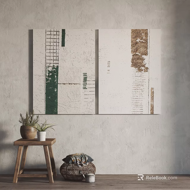 Abstract Art Decor On Gray Wall With Green Brown Patterns Wooden Stool And Potted Plants 3d model 
