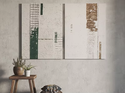 Abstract Art Decor On Gray Wall With Green Brown Patterns Wooden Stool And Potted Plants 3d model