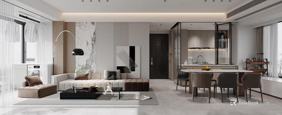 Modern Living and Dining Room Interior With Sofa Coffee Table And Dining Table Chairs 3d model