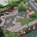 Roof Garden Featuring Trees Benches Round Tables Red Structures and Gray Paving for Leisure Activities