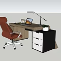 Modern Office Desk With Red Chair Laptop Desk Lamp Plant And Drawer Cabinet