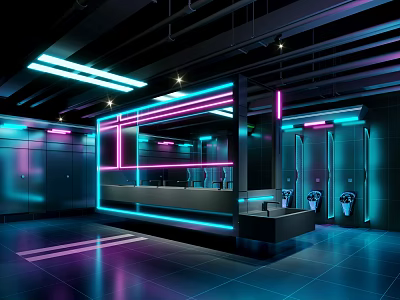 Cyberpunk Style Public Restroom With Neon Lights And Modern Design 3d model
