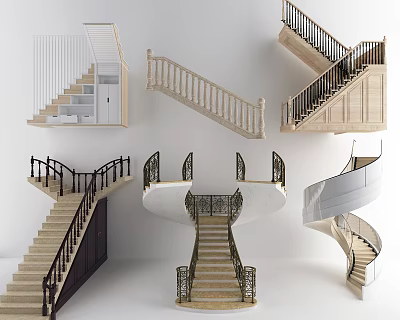 Modern Spiral Staircase Design With Various Styles Wooden Steps And Metal Railings 3d model