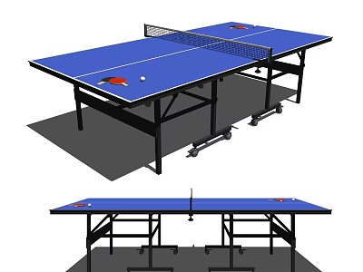 Portable Table Tennis Table With Blue Top Surface Net And Mobile Wheels 3d model