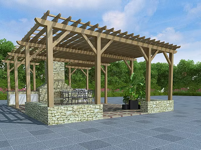 Wooden Pergola with Stone Base Outdoor Table and Chairs Surrounded by Greenery and Blue Sky 3d model