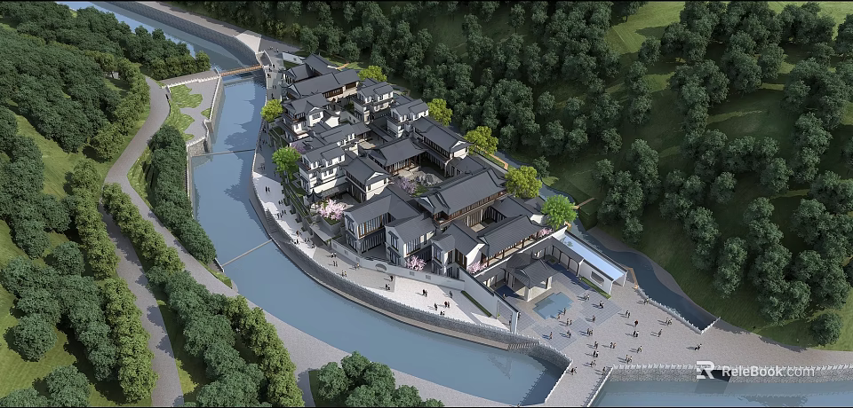 Ancient Architectural Complex Surrounded by River and Lush Trees with People Activity 3d model 