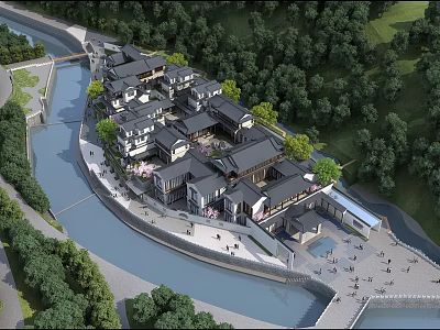 Ancient Architectural Complex Surrounded by River and Lush Trees with People Activity 3d model