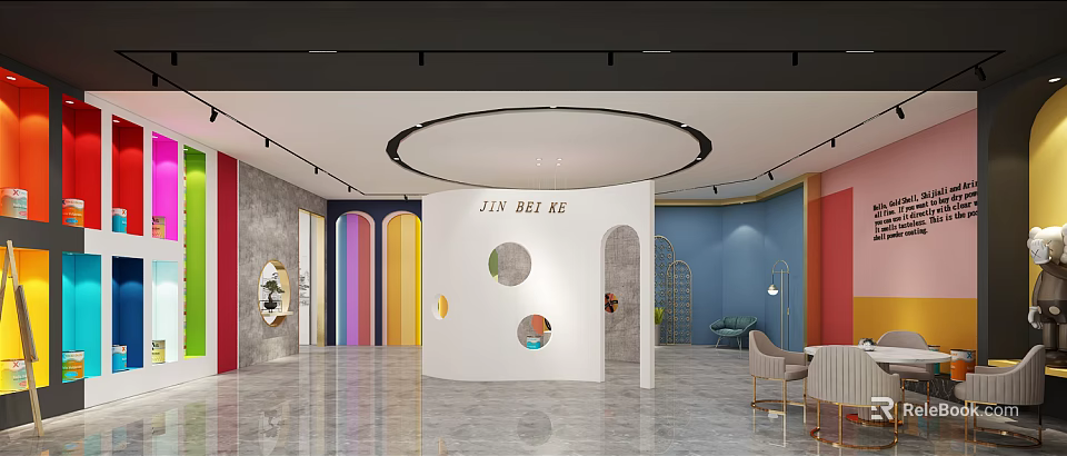 JIN BEI KE Modern Specialty Store With Colorful Walls Circular Elements And Marble Flooring 3d model 