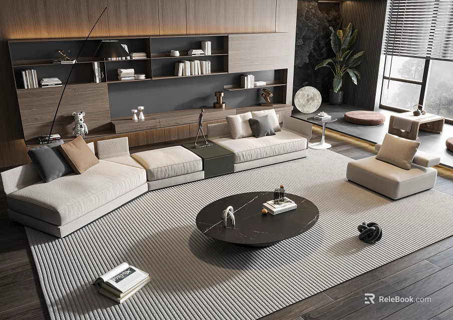 Modern L Shaped Sofa And Round Coffee Table In Living Room With Striped Rug And Decorative Items 3d model 