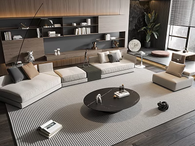 Modern L Shaped Sofa And Round Coffee Table In Living Room With Striped Rug And Decorative Items 3d model