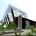 Modern Industrial Factory Building With Glass Facade Metal Structure And Green Plants