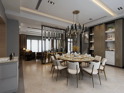 Elegant Modern Dining Living Room Interior With Round Table White Chairs Chandelier And Cabinets 3d model
