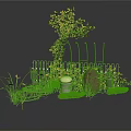 Garden Scene Construction With Yellow Leaf Tree Metal Fences Decorative Stones And Grass Patches