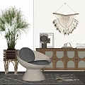 Stylish Wooden Entryway Side Cabinet with Glass Doors Plant Chair Rug and Macrame Wall Hanging
