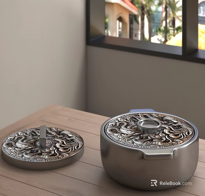 Ornate Silver Tableware Set With Intricate Patterns On Wooden Tabletop and Window Background 3d model