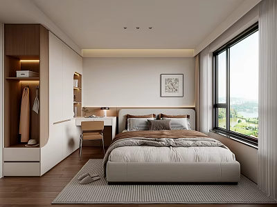 Modern Bedroom Interior Design With Large Bed Desk Chair Wardrobe And Scenic Window 3d model