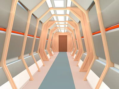 Futuristic Corridor Interior With Geometric Frame Structures Ceiling Lighting Blue Floor And End Door 3d model