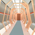 Futuristic Corridor Interior With Geometric Frame Structures Ceiling Lighting Blue Floor And End Door
