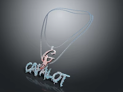 Stylish Silver Chain Necklace Featuring CAVALOT Lettering Pendant With Pink Blue Accents 3d model