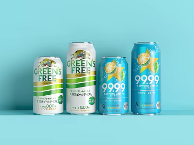 Greens Free And 9999 Beverage Cans With White Blue Green Design On Light Blue Background 3d model