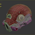 Futuristic Red Mechanical Helmet Design With Metallic Details And Circular Gauge