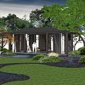 Garden Pergola with Black Roof Surrounded by Trees Greenery and Water Feature