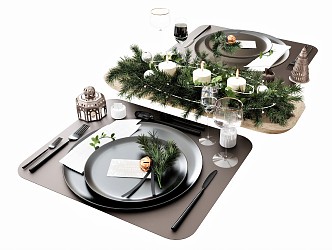 Modern Tableware Plate Western Food Plate Salad Bowl Plant Potted Knife and Fork Placemat Candlestick Wine Glass 3d model