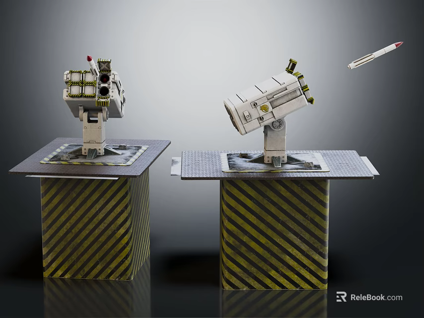 Space Launch Test Platforms With Striped Bases And Flying Rocket 3d model
