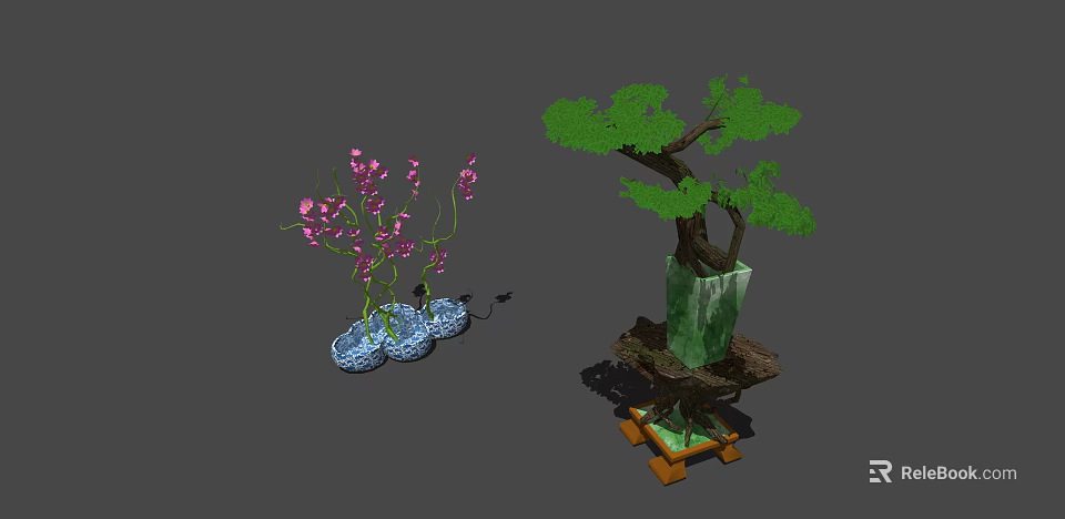 Beautiful Bonsai Plants Featuring Pink Flowers Blue Pots And Green Tree In Jade Planter 3d model 