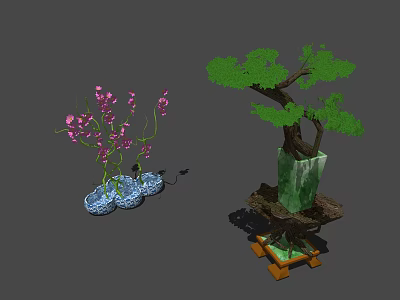 Beautiful Bonsai Plants Featuring Pink Flowers Blue Pots And Green Tree In Jade Planter 3d model