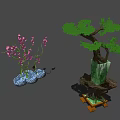 Beautiful Bonsai Plants Featuring Pink Flowers Blue Pots And Green Tree In Jade Planter